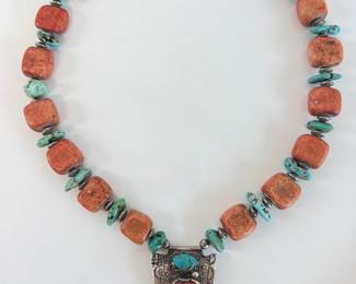 Lot 6627  Sterling Silver Navajo Coral Turquoise Necklace  M  J C Y 