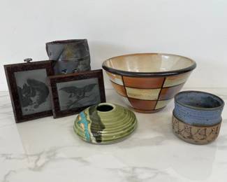 Lot 6329  Studio Pottery  Bowl Vases Flower Frogs Raku Owl Squirrel Metal Etched Art