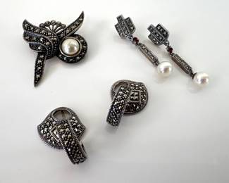 Lot 6121  Sterling Silver Marcasite Pin Brooch Earrings