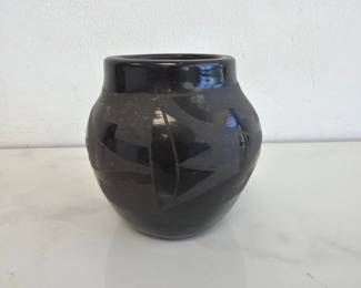 Lot 6199  Ramona Sisneros Native American Santa Clara Pueblo Black on Black Pottery Vase