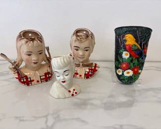 Lot 6525  Vintage Wall Pocket Vases  MCM Standford Set Boy Girl Sandy Jean Bird Floral