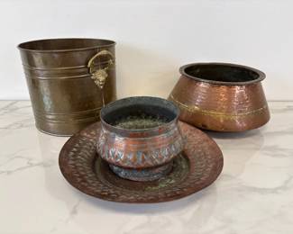 Lot 6564  Vintage Brass Copper Cache Pots Tinned Copper Bowl Platter