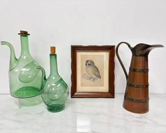 Lot 6283  Hand Blown Glass Wine Decanters Copper  Brass Pitcher The Little Owl Art Print