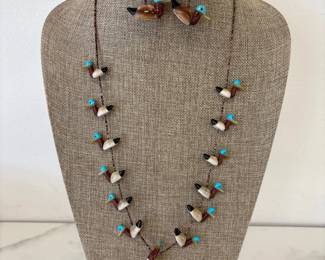 Lot 6140  Navajo Carved Shell Turquoise Duck Fetish Necklace Earrings
