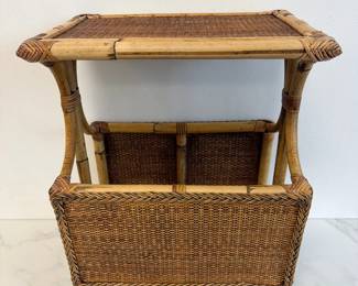 Lot 6576  Vintage Bamboo Rattan Side Table wMagazine Rack