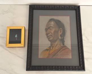 Lot 6222  Goray Douglas Tibetan Gypsy Signed Pastel Portrait Art Framed Turquoise Earring