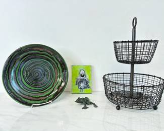 Lot 6580  Tiered Fruit Basket  Studio Pottery Platter  Owl Art  Bronze Frog