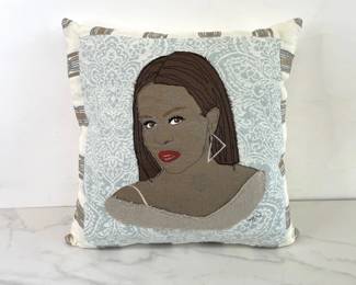 Lot 6050  Sarah Wiley Textile Art Michelle Obama Portrait Throw Pillow  Stitch Signed