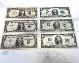 Lot 6318  1957 A B Silver Dollar Certificates 1976 Two Dollar Bills  Paper Money