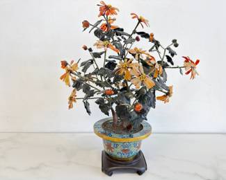 Lot 6216  Vintage Carved Stone and Resin Tree in Cloisonne Pot