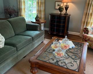 Ethan Allen green velvet sofa (90") and coffee/cocktail table on Sisal rug (10 x 14) - excellent condition