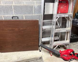 Aluminum ladders, metal folding table, and blower 