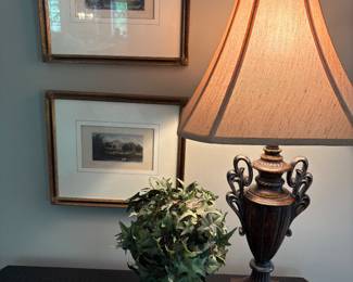 Lamp and framed prints, and faux ivy decor