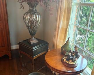 Ethan Allen hinged storage box on metal base, glass vase with faux florals, Ethan Allen pedestal table, copper pot and more!