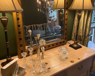 Pickled oak sideboard by Knob Creek, black and gold mirror and matched set of buffet lamps, crystal candle holders and more!
