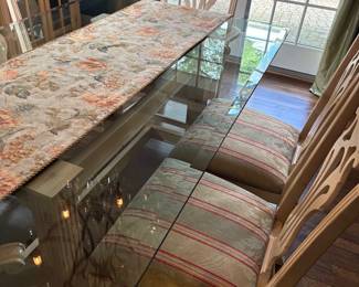 Glass dining table with light pickled oak base and dining chairs (2 arm and 4 side)