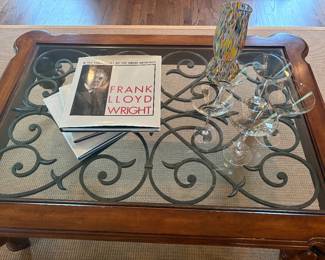 Ethan Allen coffee/cocktail table and martini glasses with artist books.