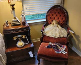Tufted Armchair w/ Ottoman, Vintage French Style Telephone, Vintage Hurricane Lamp