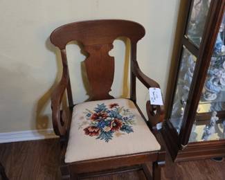 Antique Oak Fiddle Back Chair w/ Needlepoint Seat