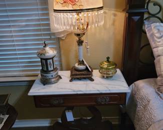 Vintage Hurricane Lamp, Vintage Mahogany Marble Top Harp Table, Vintage Reuge Cigarette/Lipstick Holder