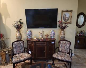 2 Gold Satsuma Vases, Nippon Pitcher, 2 Victorian-Style Armchairs