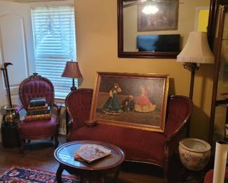 Vintage Occasional Table w/Removal Glass Tray, "The Croquet Scene" by Winslow Homer, Vintage Tufted Settee