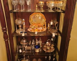 Vintage Tiffin Gold-Rimmed Stemmed Glassware (top), Vintage Homer Laughlin 3pc set (middle), Vintage Silver-Plate Biscuit Box, Antique Ruby Curet Set (bottom)