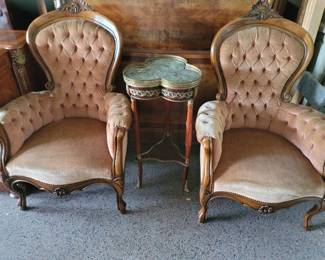 Antique Victorian Parlor Chairs, Vintage Louis XV Side Table