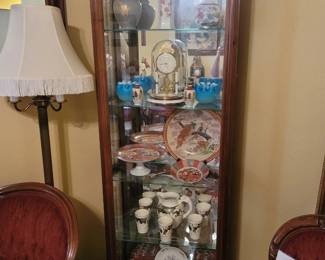 Display Cabinet, Vintage Wedgewood Hunting Scene Pitcher w/5 Cups, Vintage Japanese Arita Imari Pieces 