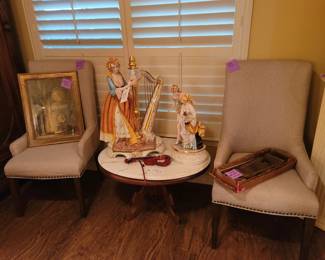 Vintage Capodimonte "Lady with Harp" Porcelain Figurine, Antique Marx Violin-Uke, Antique Round Marble Top Table