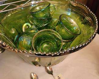 Vintage Indiana Glass Company Princess Green Carnival Glass Punch Bowl Set
