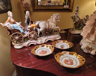 Vintage Capodimonte Porcelain Horse-Drawn Carriage Figurine