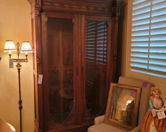 Antique French Gothic Style Walnut Display Cabinet, Antique French Neoclassical Brass Floor Lamp