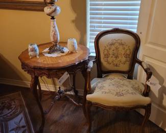 Vintage French-Style Armchair w/ Needlepoint Upholstery, Vintage French-Style Louis XV Walnut & Satainwood Floral Marquetry Inlay, Vintage Victorian-Style "Gone with the Wind" Lamp