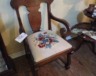 Antique Oak Fiddle Back Chair w/ Needlepoint Seat