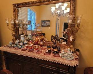 Steve Silver Company Buffet, Various Tea Sets, Vintage French-Style Gilt Brass Candelabras