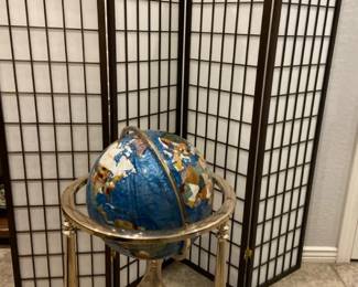 Large World Globe With Gold Toned Compass Stand And A Wall Divider