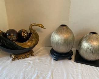 A Brass Swan And Two Etched Metallic Vases