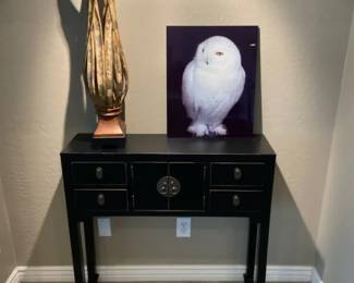 Abstract Wood Flame, Acrylic Owl Picture And An Asian Inspired Small Entrance Table