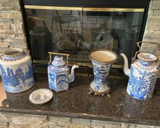 Asian Themed Blue And White Ceramic And Bronze Pottery