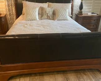 Leather And Dark Rich Wood King Bed And Mattress