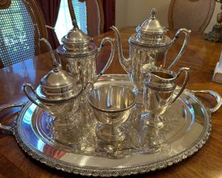 Love knot by Rogers Bros silver plated tea service with matching tray. 
