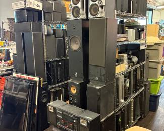 Vintage stereo equipment, turntables, receivers, speakers, dvd players
