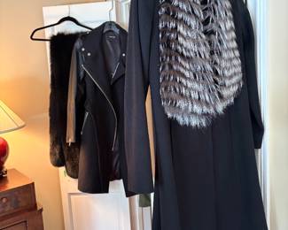 Firm trimmed coat, leather trimmed coat and large fur stole