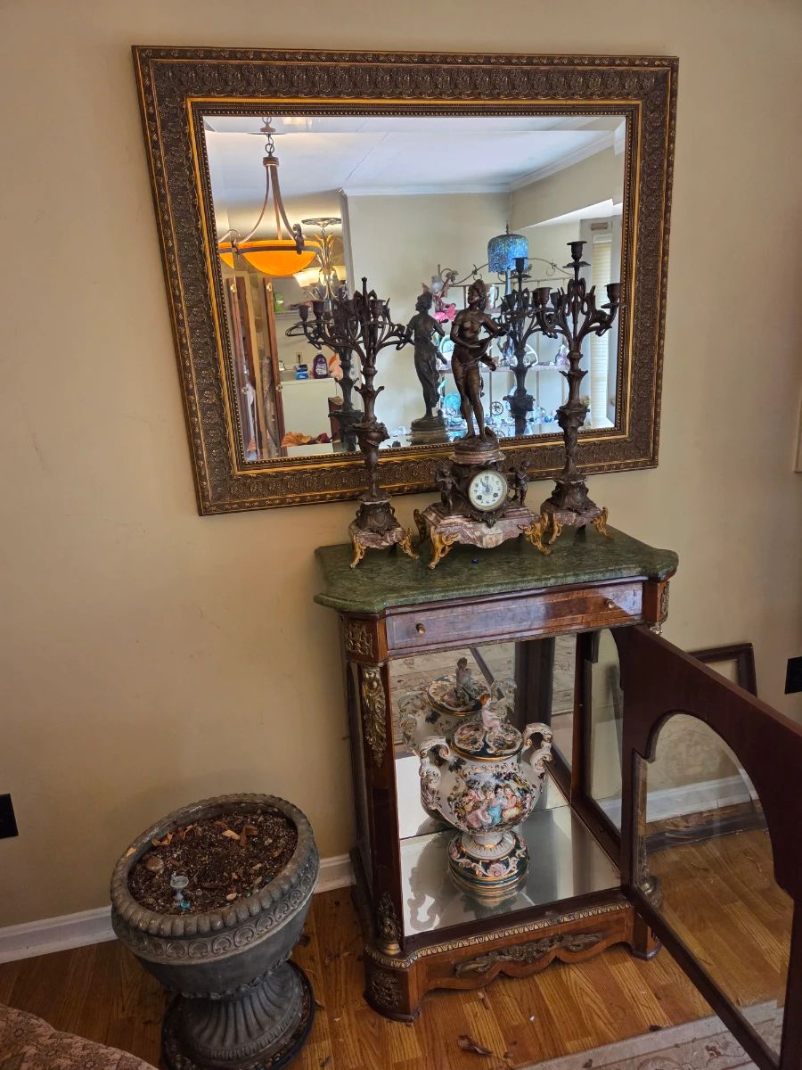Italy 19th Century veneer Display cabinet, bronze ormolu, mantle clock with matching candlelabras, mirrors 