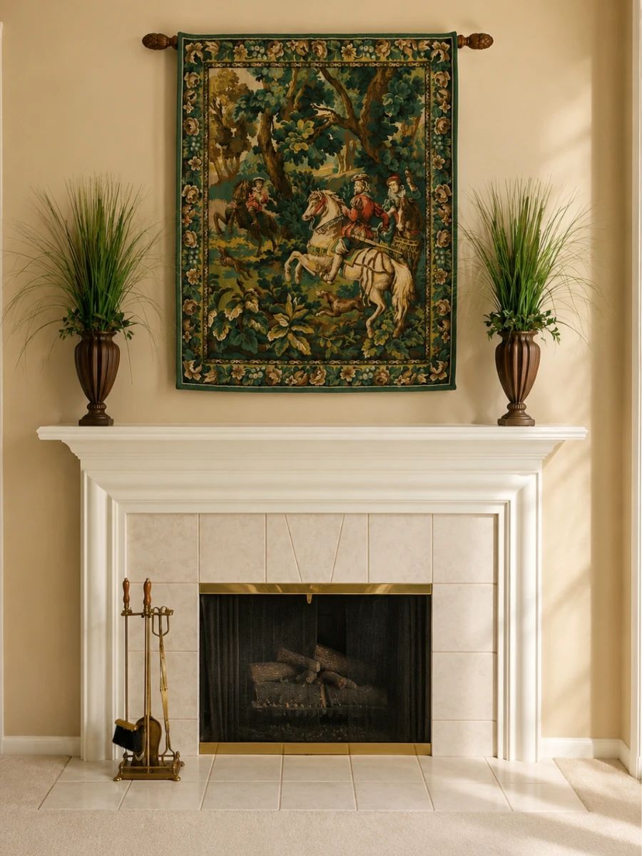French style needlepoint tapestry after “Hawking with Emperor Maximillian” ($300.00), pair of garniture vases, fireplace tools set ($25.00)