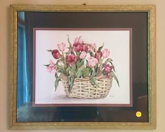 Framed artwork depicting a basket of tulips. $25.00