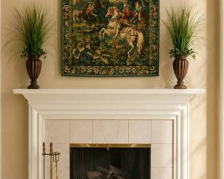French style needlepoint tapestry after “Hawking with Emperor Maximillian” ($300.00), pair of garniture vases, fireplace tools set ($25.00)
