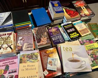 Hardcover books, DVDs ($2.00 each), paperback books, CD's, VHS tapes ($1.00 each)