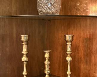 Pair of brass candlesticks ($25.00 pair), smaller single candlestick ($10.00), cut crystal covered jar ($50)